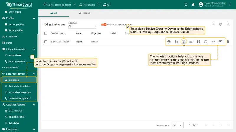 Edge Instances page with Manage edge device groups button