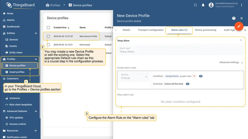 Device profile with alarm rule configured and default rule chain selected — CE