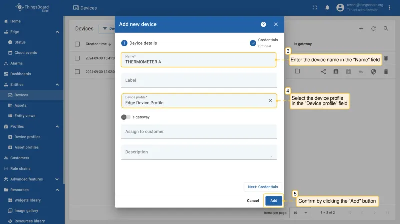 Add device dialog with Name and Device profile fields