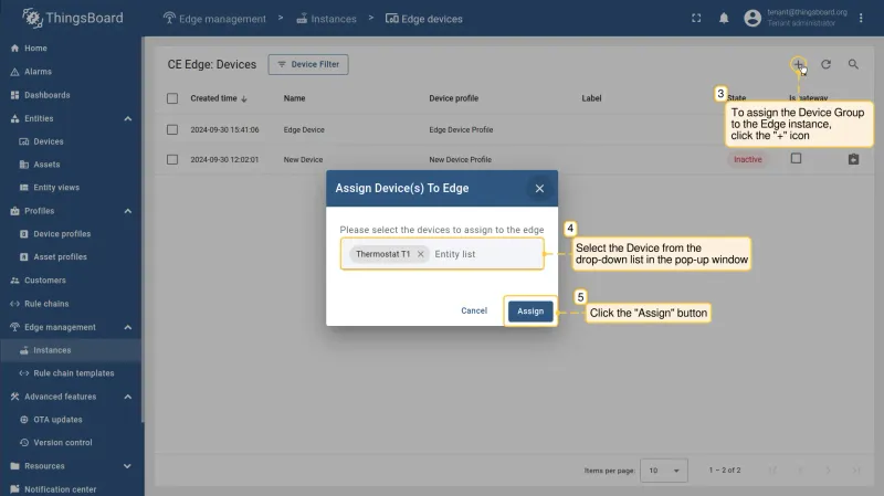 Edge devices dialog with device selection dropdown