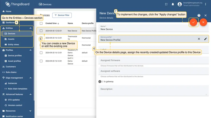 Device details page with the device profile assigned — CE