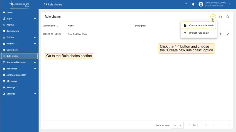 Rule chains section on Edge with Add button