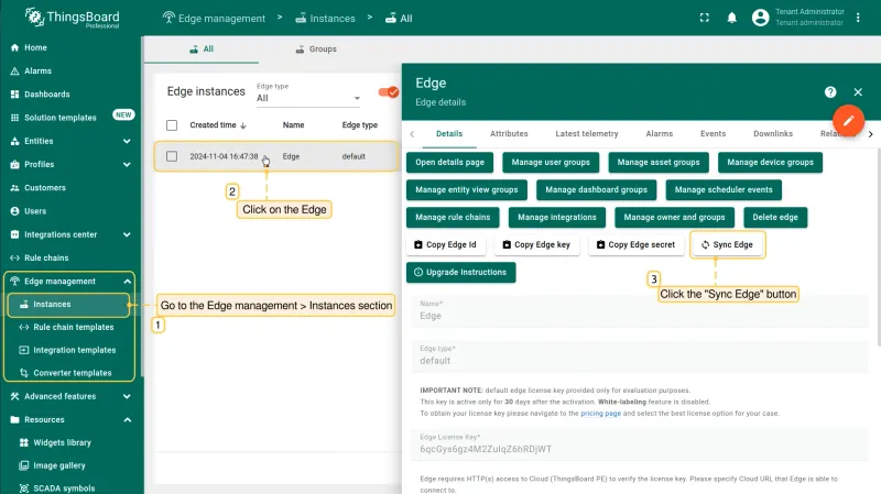 Sync Edge button on the Edge details page (PE)