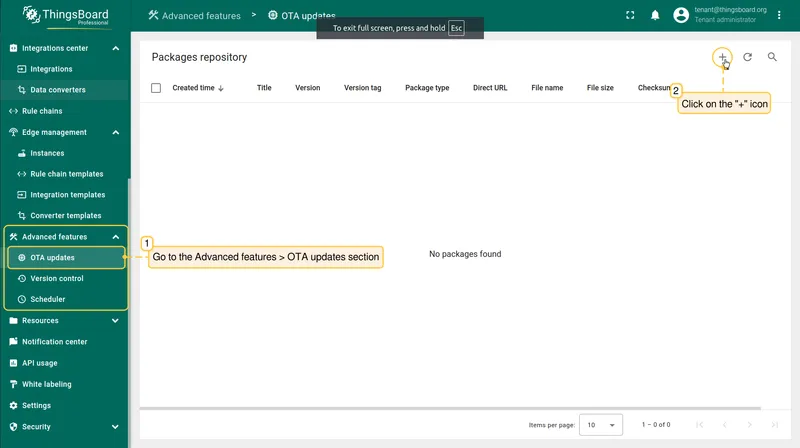 OTA updates section on the ThingsBoard server with the add button