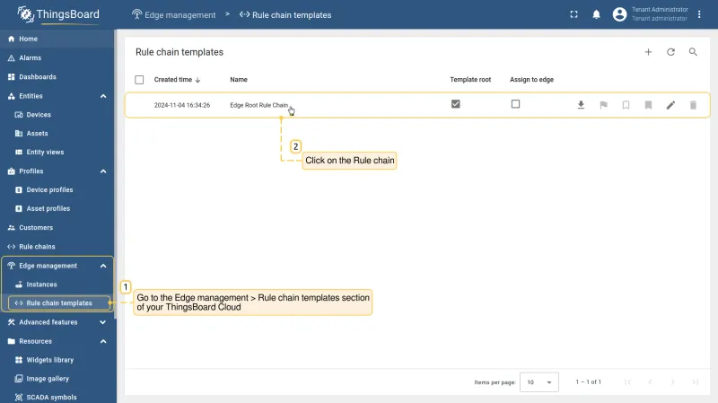 Edge management — Rule chain templates section on the server