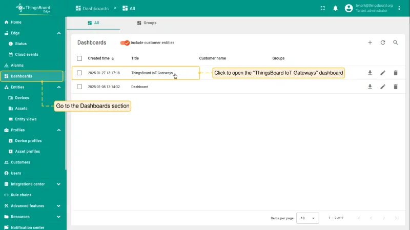 Open your **Edge instance**, navigate to the **Dashboards** section and open the **“ThingsBoard IoT Gateways”** dashboard.