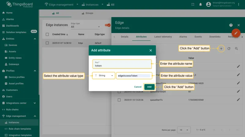 Add attribute dialog with edgeAccessToken key on the Edge details page (PE)