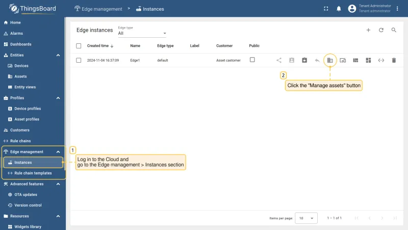 Edge Instances page with Manage assets button