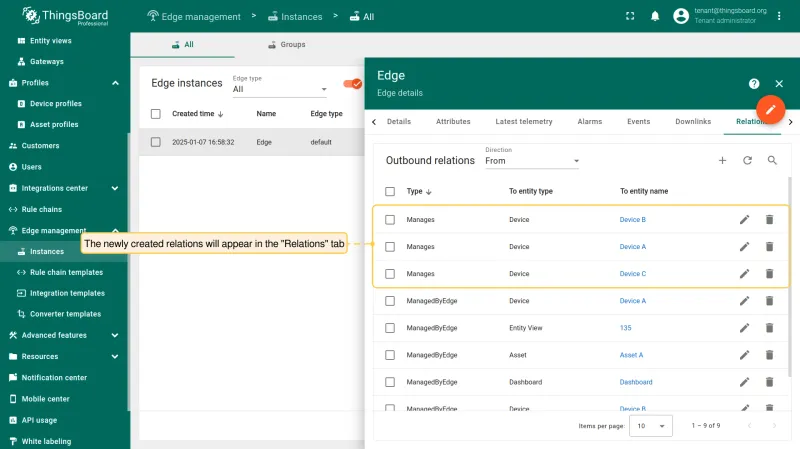 Relation visible in the Relations tab (PE)