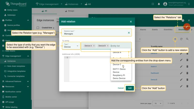 Add relation dialog linking the Edge to a device (PE)