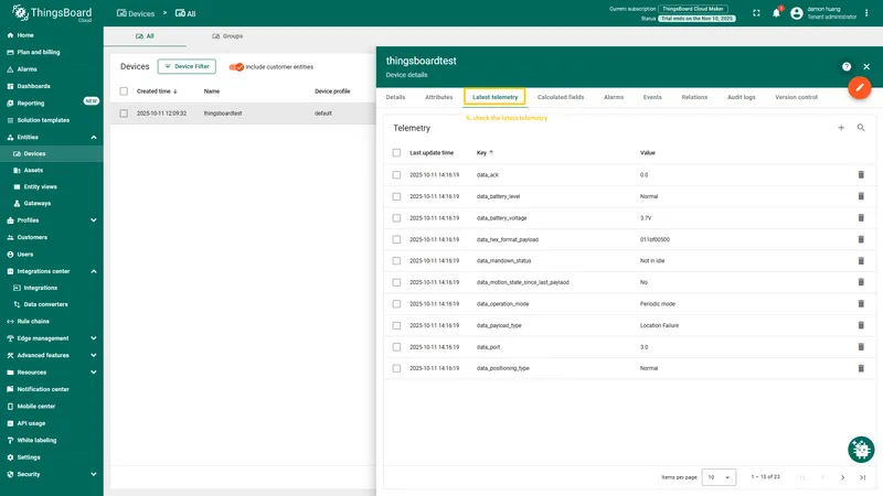 The device is now created. Click on the device to open its **details** page. Navigate to the **Latest telemetry** tab to view the data reported by the device.