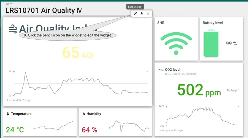 Hover over a widget to reveal controls in the upper-right, then click the <b>pencil</b> icon to edit.