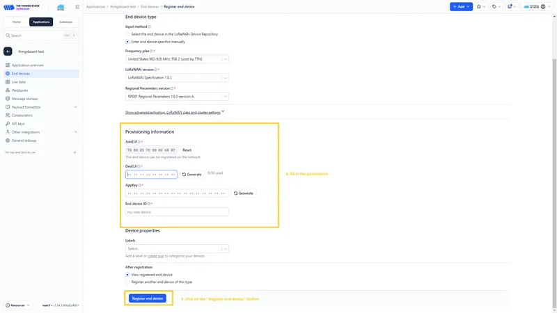 Fill the rest parameters and press **Register end device** button.