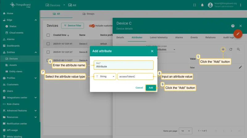 Add attribute dialog with Key, type, and value fields (PE)