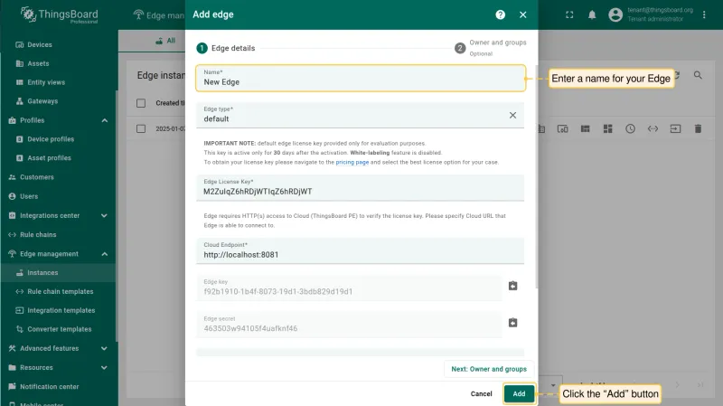 Enter a name for your Edge in the **“Name”** field and click the **“Add”** button to confirm the addition of your new Edge.