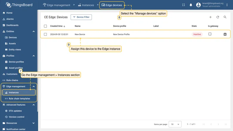 Edge instance manage devices dialog with device assigned — CE
