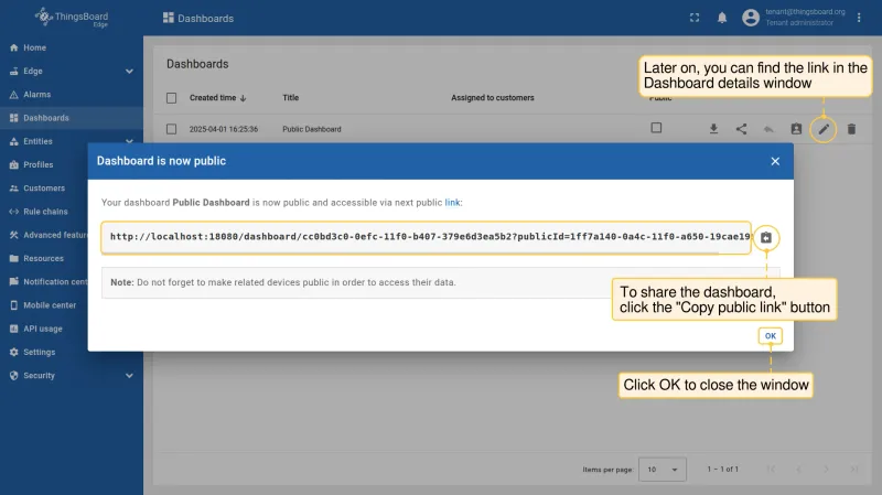 Dashboard is now public dialog showing the public link