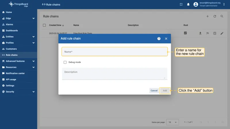 Dialog to name the new rule chain on Edge
