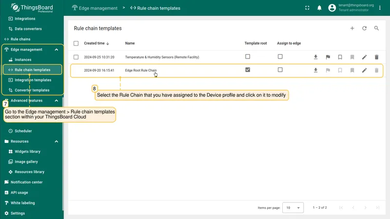 Edge management rule chain templates section on the server — PE