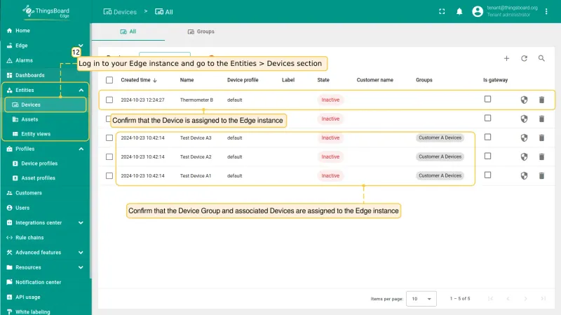 Devices section on Edge showing the assigned device and group