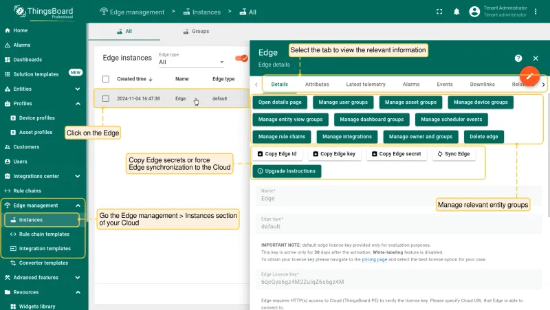 Edge Details page (PE) showing tabs for attributes, telemetry, alarms, events, and more