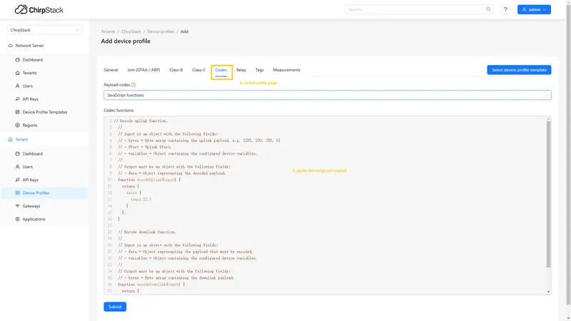 Go to the **Codec** page and paste the script just copied. Click **Submit** button.