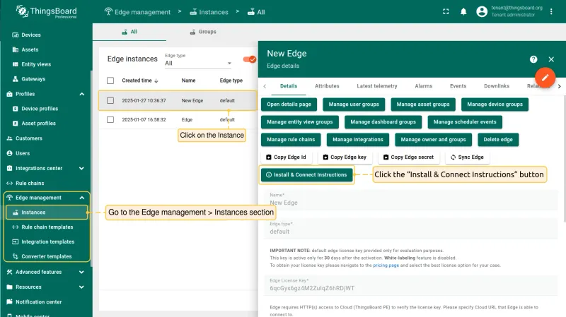 Go to the **Edge management > Instances** section of your **ThingsBoard Professional Edition** instance, and click on the **Instance**. Then, click the **"Install & Connect Instructions"** button.