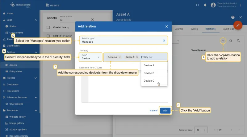 Add relation dialog with Manages type and Device entity selected