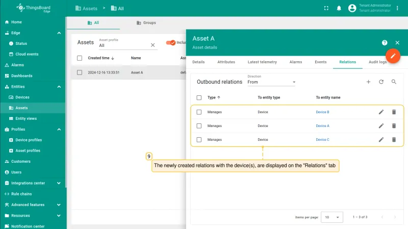 Relations tab showing the newly added Manages relation