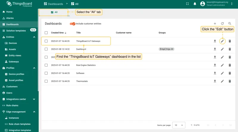 Then, select the **"All"** tab and find the **"ThingsBoard IoT Gateways"** dashboard. The **"ThingsBoard IoT Gateways"** dashboard is one of the pre-created, out-of-the-box dashboards available. Click the **"Dashboard details"** button.