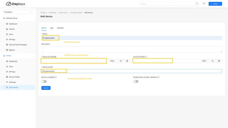 Fill the parameters with values from the device configuration, then choose previously created device profile and click on **Submit** button