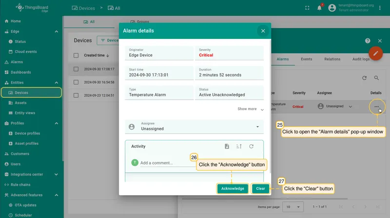 Alarm acknowledged and cleared on Edge or server — PE