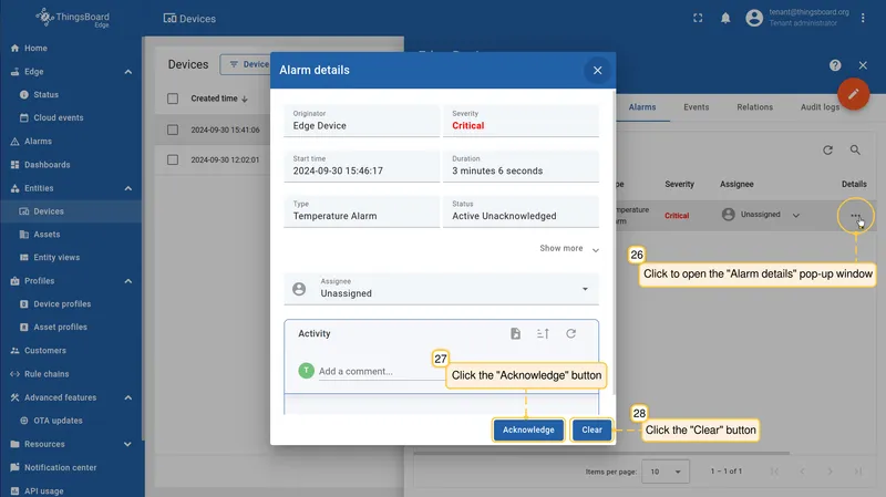 Alarm acknowledged and cleared on Edge or server — CE