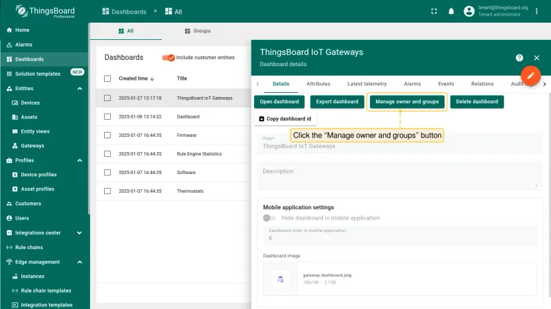 On the **"Dashboard details"** page click the **"Manage owner and groups"** button.