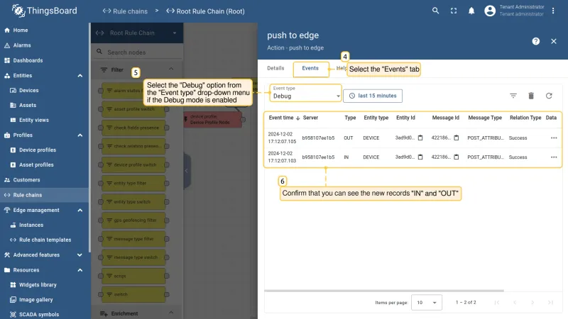 Push to edge node Events tab with IN and OUT debug records