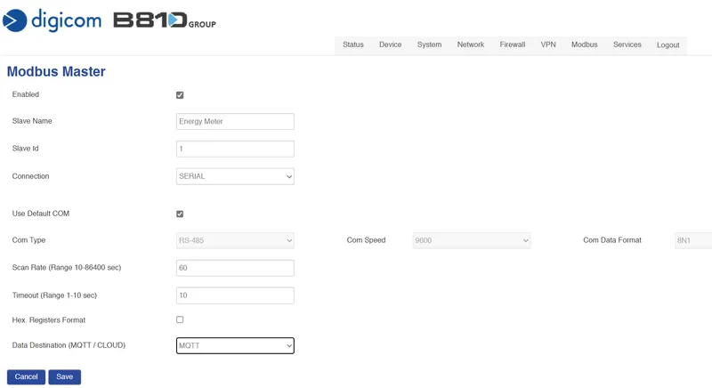 Modbus Master profile settings with Data Destination set to MQTT