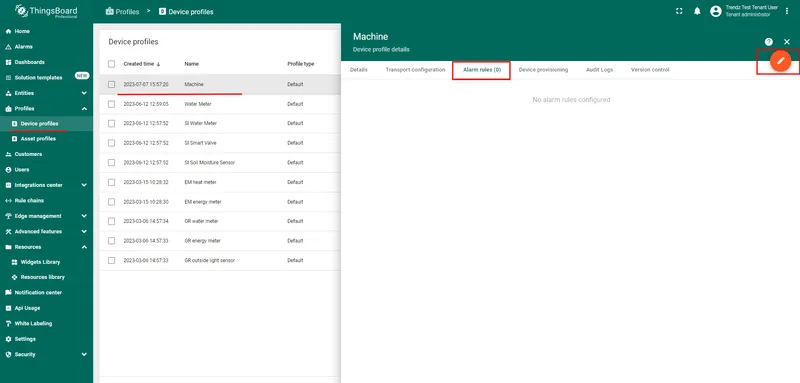 Open Alarm Rules in ThingsBoard device profile
