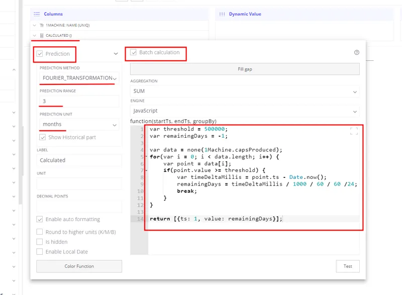 Configure the calculated field to forecast remaining time to maintenance