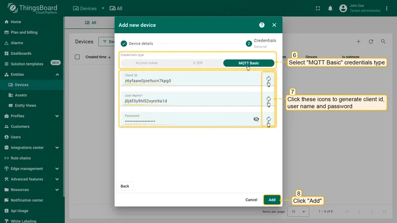 Click on **"Credentials"** tab. Check **"Add credentials"** and select **"MQTT Basic"** credentials type. Click on **"Generate"** button on each field. Click **"Add"** button