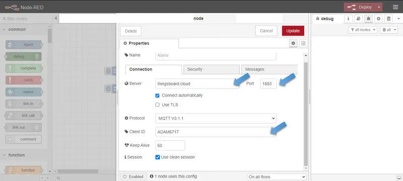 MQTT broker security tab with username and password
