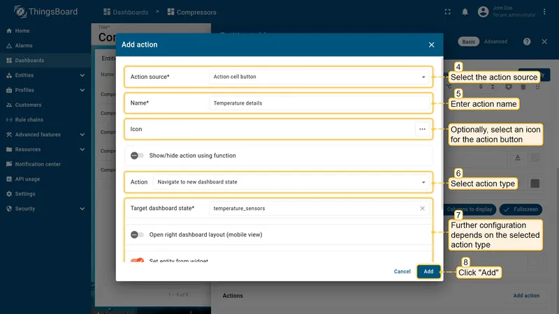 Add action dialog configured