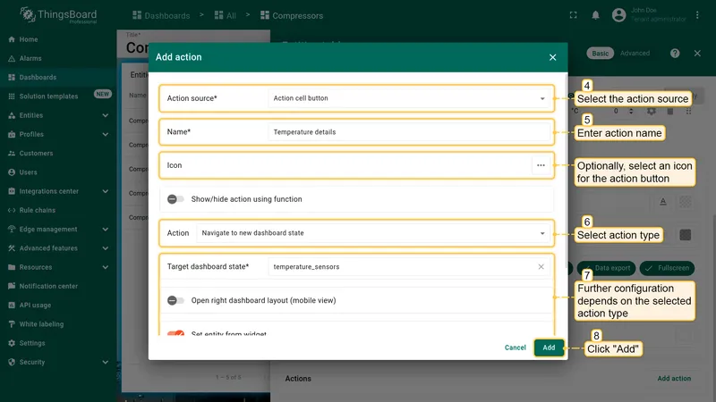Add action dialog configured