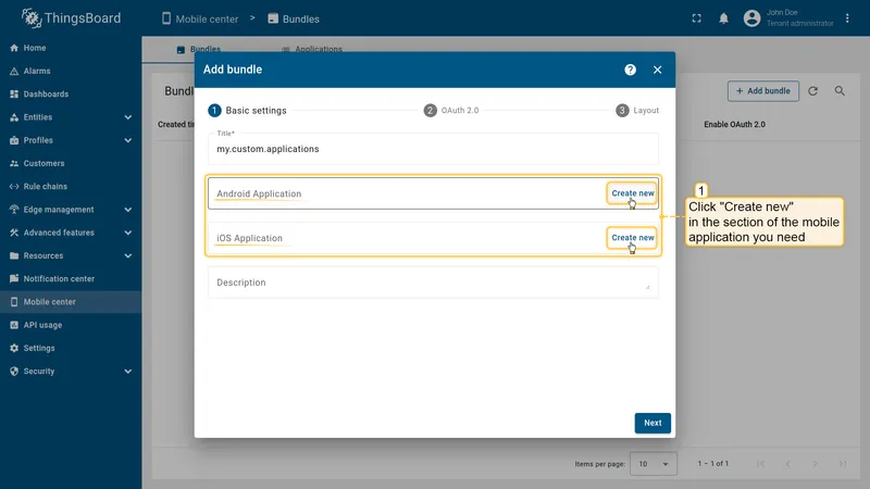 Create new application button in the Basic settings step
