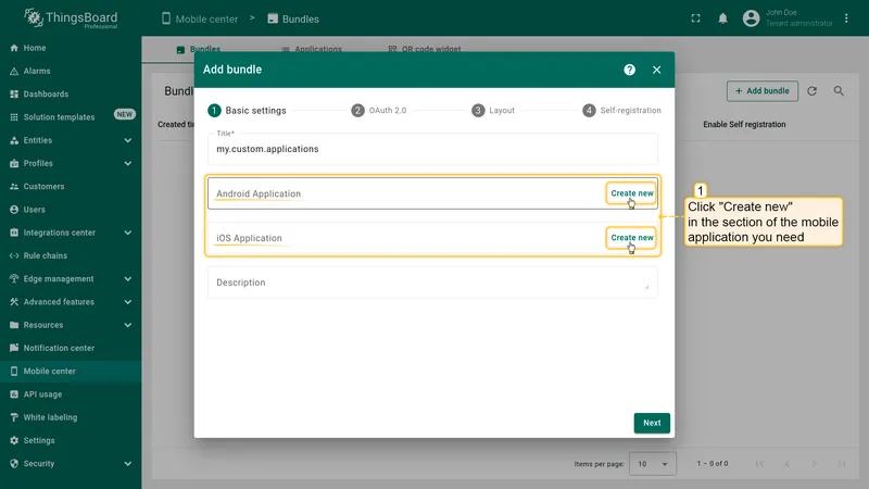 Create new application button in the Basic settings step