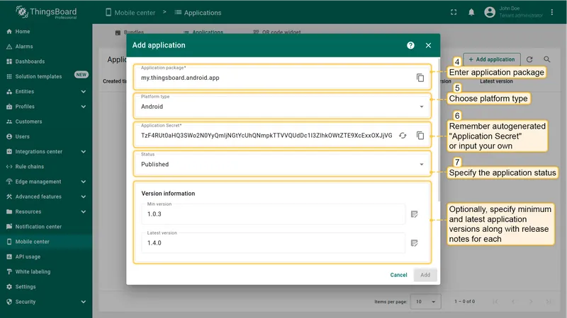 Add application dialog showing package name, Android platform, autogenerated Application Secret, Published status, and version fields