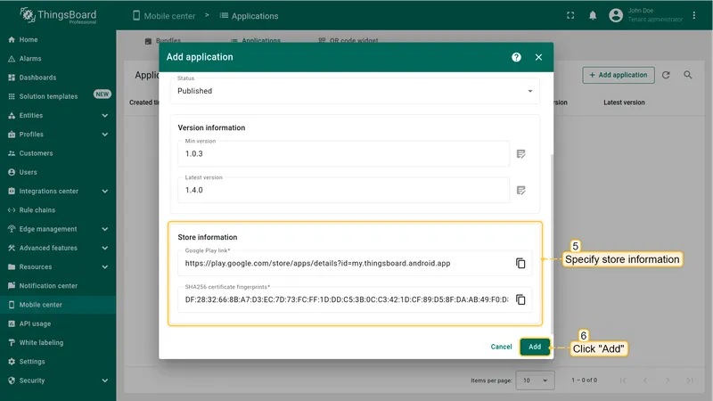 Add application dialog — Store information section with Google Play URL and certificate fingerprint fields