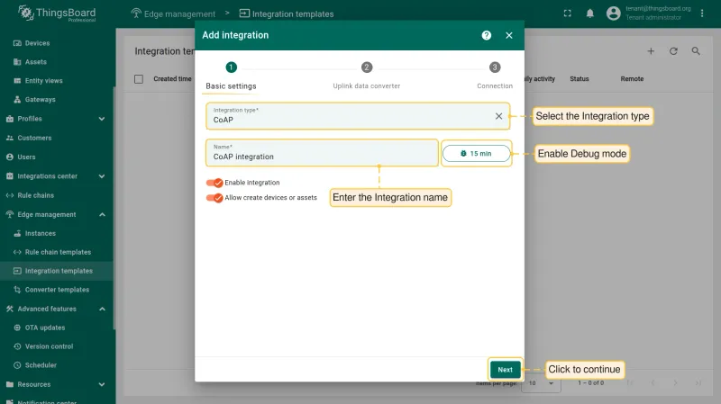 Basic settings — select CoAP type, enter name, enable Debug mode