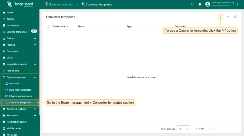 Integration templates section — click + to add a new integration