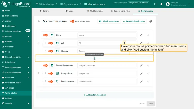Hover between items to insert