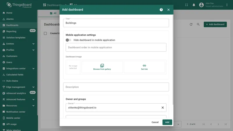 Add dashboard dialog with title and group selection